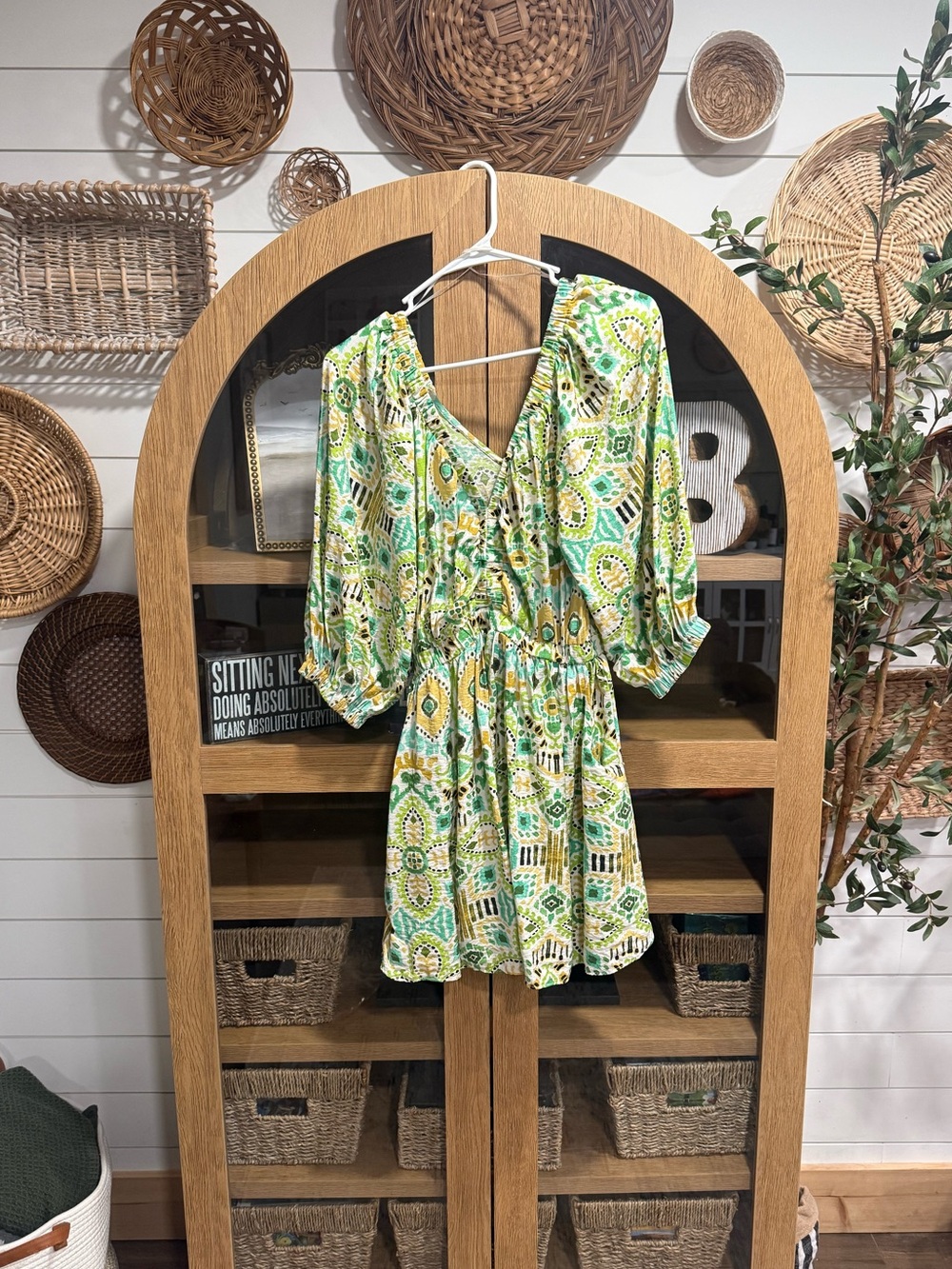 ODDI brand Green and yellow boho romper with bell sleeves. Size: S